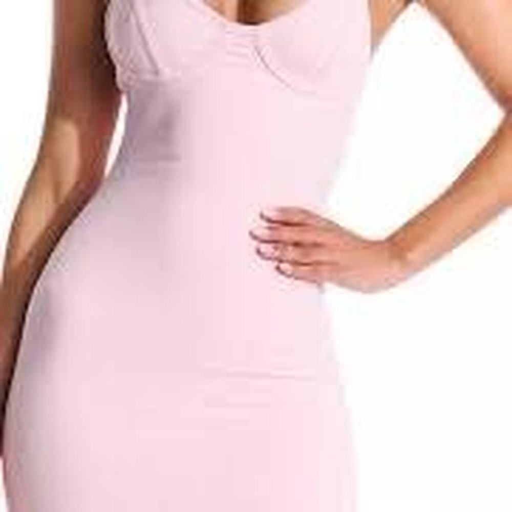 Naked wardrobe Pink Ribbed Knit Bustier Style Crisscross Back Bodycon Midi Dress